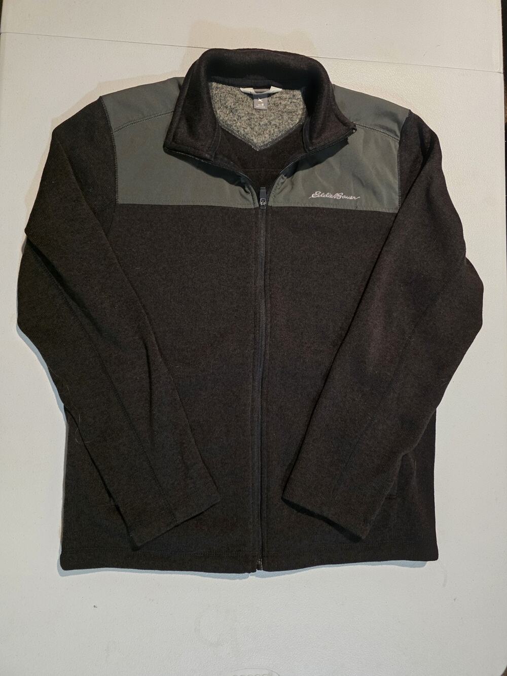 Eddie Bauer Men's Medium Full Zip Sweater Fleece Jacket Gray Black Outdoor